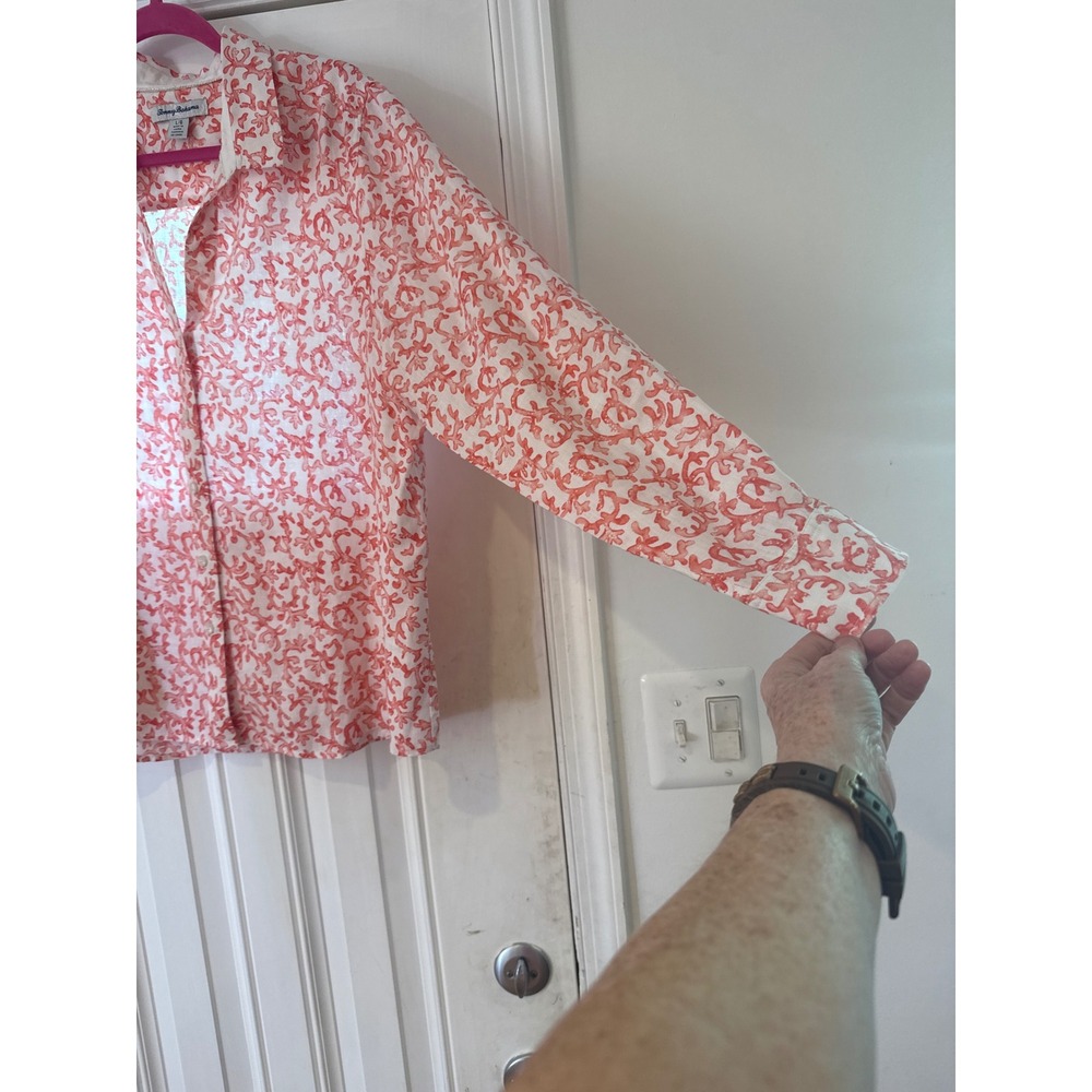 Tommy Bahama Womens Large Linen Blend Coral Reef Print Button Up Shirt Orange. L - Picture 11 of 12